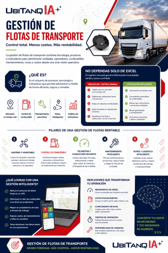 Infografía corporativa de gestión de flotas de transporte con enfoque en control de combustible, rastreo satelital, telemetría y rentabilidad operativa. Diseño profesional de UBITANQ IA con indicadores clave, mantenimiento preventivo, optimización de rutas y reducción de costos para empresas de transporte.