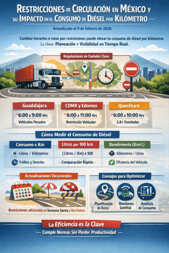 restricciones de circulación México, consumo de diésel por kilómetro, transporte de carga México, restricciones vehiculares CDMX, restricciones de carga Guadalajara, restricciones Querétaro transporte, eficiencia logística, planeación de rutas, consumo de combustible transporte, diésel por km, autotransporte federal, Semana Santa restricciones carga, logística y transporte México, control de combustible flotas