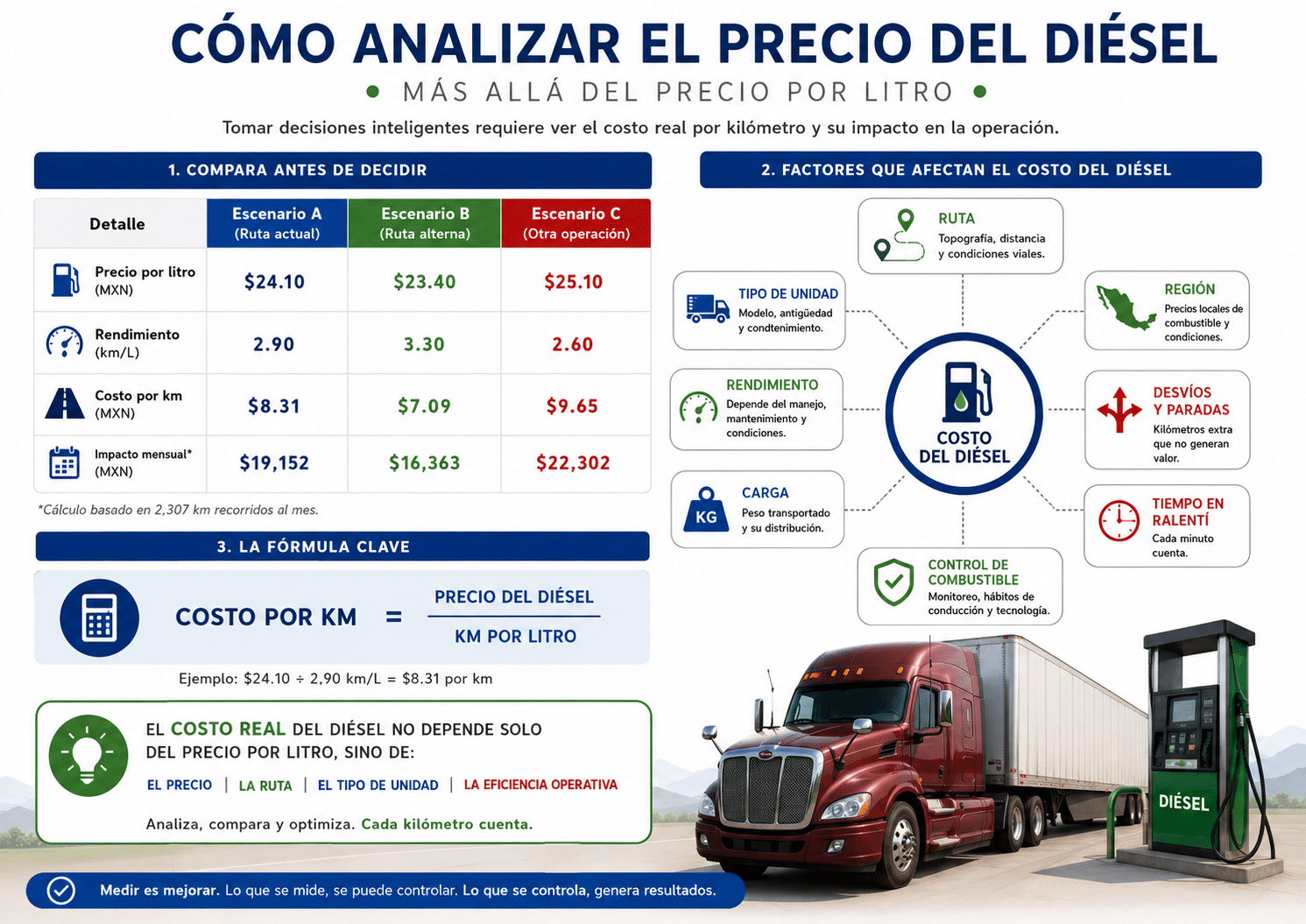 el precio del diésel no debe analizarse solo como precio por litro. Para una empresa de transporte, el dato realmente útil es el costo por kilómetro: precio diésel + rendimiento + ruta + carga + consumo + desvíos + tiempo de abastecimiento + seguridad de la estación.