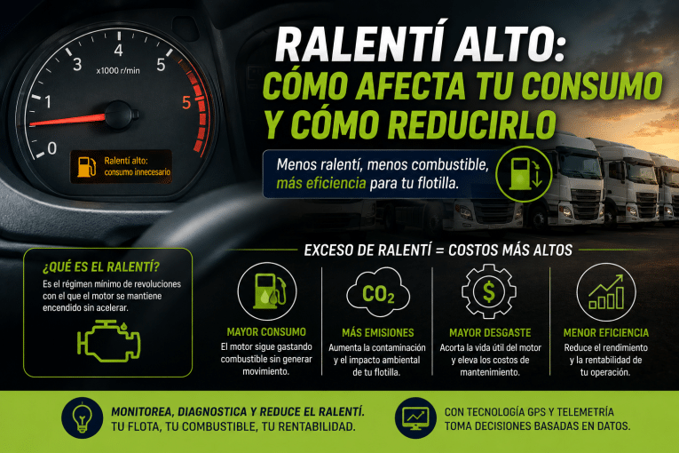 Ralentí alto en una flotilla: cómo aumenta el consumo de combustible, las emisiones y los costos, y cómo reducirlo con monitoreo y telemática.
