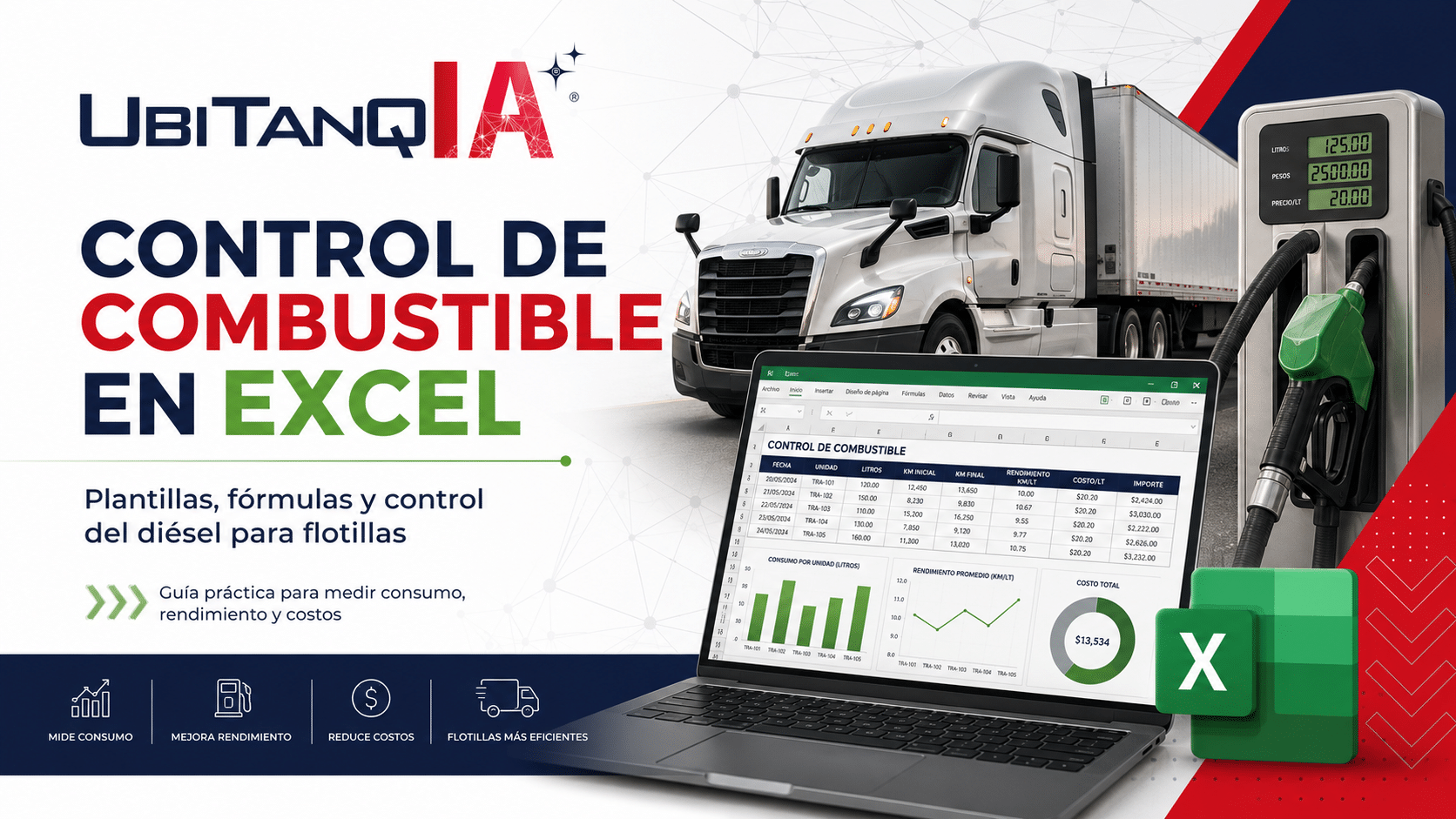 Control de combustible en Excel para flotillas: plantillas, fórmulas y dashboard para medir consumo, rendimiento de diésel y costos operativos.