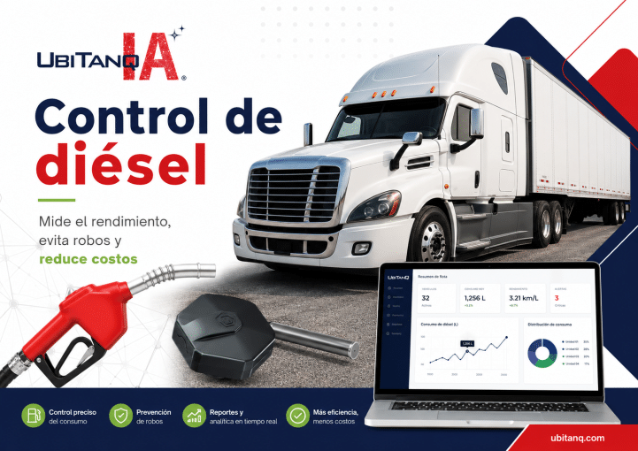Imagen principal para artículo sobre control de diesel en flotillas. Muestra un tractocamión blanco, tecnología de medición de combustible, pistola de diésel y un dashboard de UBITANQ IA para monitorear rendimiento, consumo, alertas y reducción de costos.