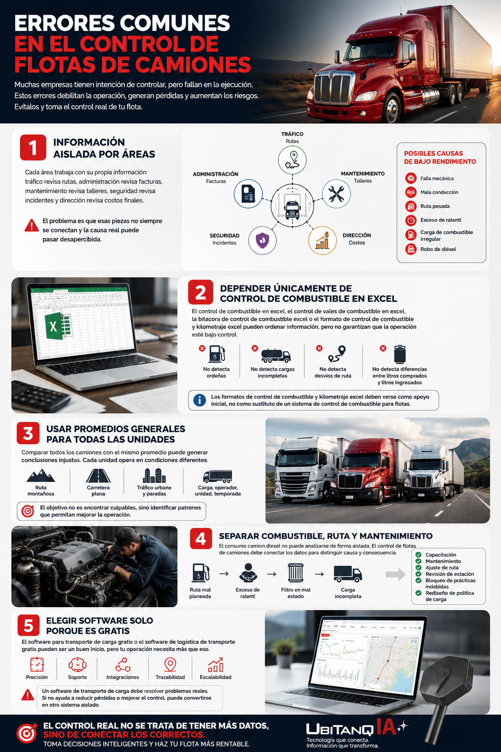 Infografía corporativa sobre errores comunes en el control de flotas de camiones, diseñada en colores rojo, azul marino, blanco y gris. Incluye un tractocamión rojo de trompa, diagramas de áreas operativas, control de combustible en Excel, rendimiento de diésel, mantenimiento, rutas, software de transporte y prevención de robos de combustible. Presenta cinco errores clave: información aislada por áreas, depender de Excel, usar promedios generales, separar combustible-ruta-mantenimiento y elegir software solo porque es gratis.