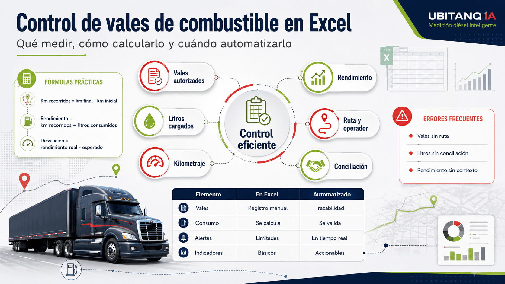 Un buen formato de control de combustible y kilometraje Excel debe ayudar a responder tres preguntas: cuánto combustible se autorizó, cuánto se cargó realmente y cuánto consumió cada unidad en operación. Si el archivo solamente registra importe y litros cargados, todavía no hay control integral; hay registro administrativo.
