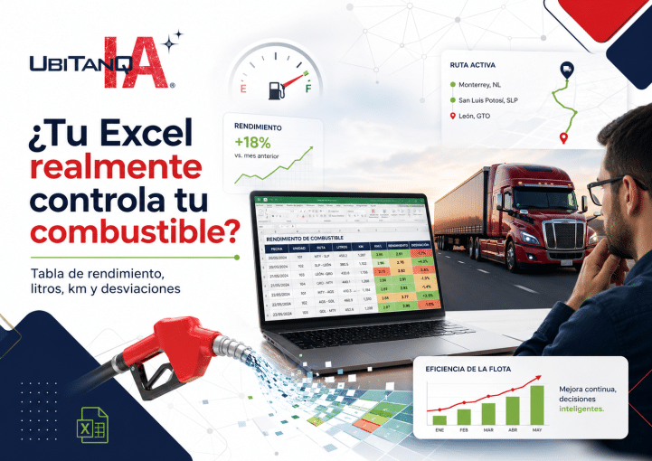 cómo diseñar una tabla de rendimiento de combustible en Excel, qué columnas debe incluir, qué fórmulas usar para calcular el rendimiento de diésel, qué errores evitar, cómo relacionar el Excel con telemetría GPS y cómo soluciones como UBITANQ IA ayudan a controlar el ciclo completo del diésel en flotillas.